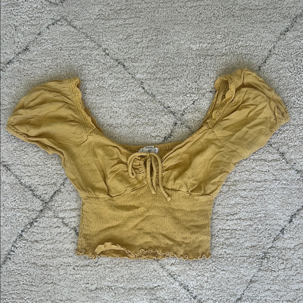 Tilly's Yellow Crop Blouse with Ruched Tie Front